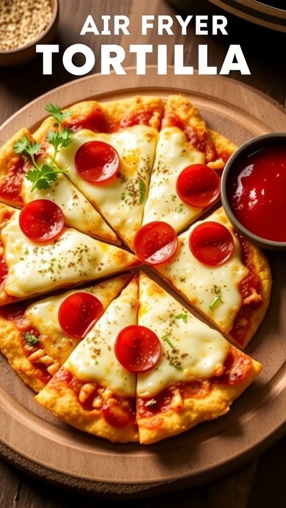 Crispy air fryer tortilla pizza with cheese and pepperoni, served with marinara sauce on a wooden board.